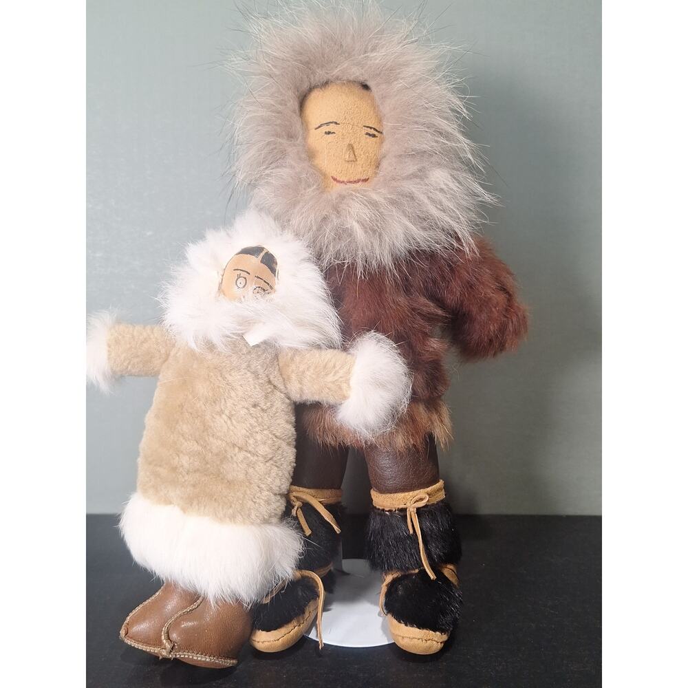 Vintage Inuit Eskimo Fur Doll Set Handmade Leather Parka 13" & 9" - Excellent